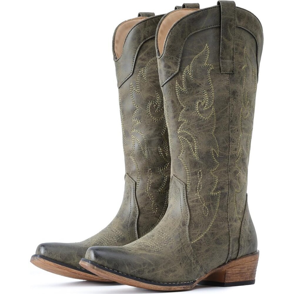 🆕Women Green Mid Calf Fashion Cowgirl Boots with Embroidery Western Snip Toe